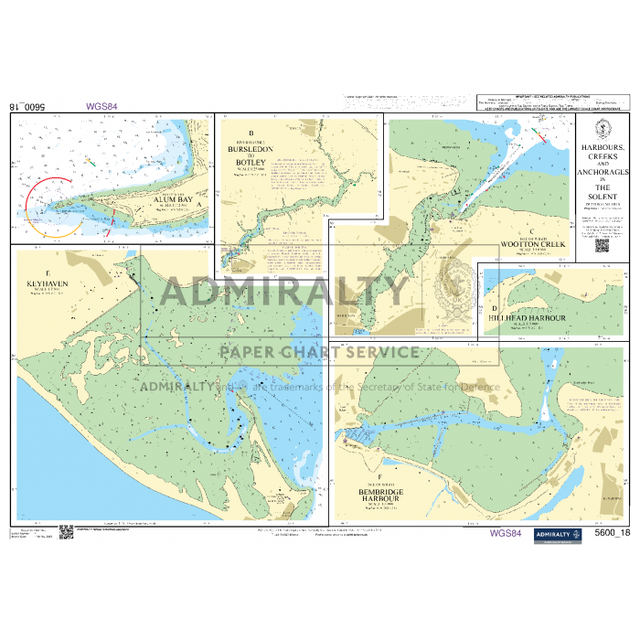 The *Admiralty Small Craft Chart 5600_18: Harbours, Creeks and Anchorages in the Solent* highlights Admiralty anchorages in the Solent, offering detailed coastal navigation information. It features labeled creeks and harbors, such as Buckler's Hard and Wootton Creek, alongside geographic coordinates, making it essential for maritime adventures.