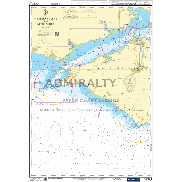 The "Admiralty Small Craft Chart 5600_2: Western Solent and Approaches" by Admiralty is a nautical chart featuring essential coastal navigation details around the Isle of Wight, including depth markings and various coastal features crucial for safe passage.