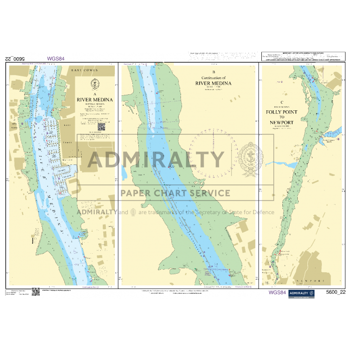 The Admiralty Small Craft Chart 5600_22: River Medina, created by Admiralty, provides crucial information for coastal navigation on the Isle of Wight. It covers landmarks, water depths, navigational aids, and surrounding areas like East Cowes and Newport, with grid references and a scale tailored for small craft charts.