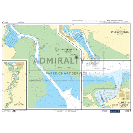 This nautical chart, titled "Admiralty Small Craft Chart 5600_4: Lymington River," illustrates the regions of Lymington River and Yarmouth Harbour. It features depth markers, navigational symbols, and geographic details, along with labels for WGS84 and Admiralty branding from UKHO's Small Craft Charts series.