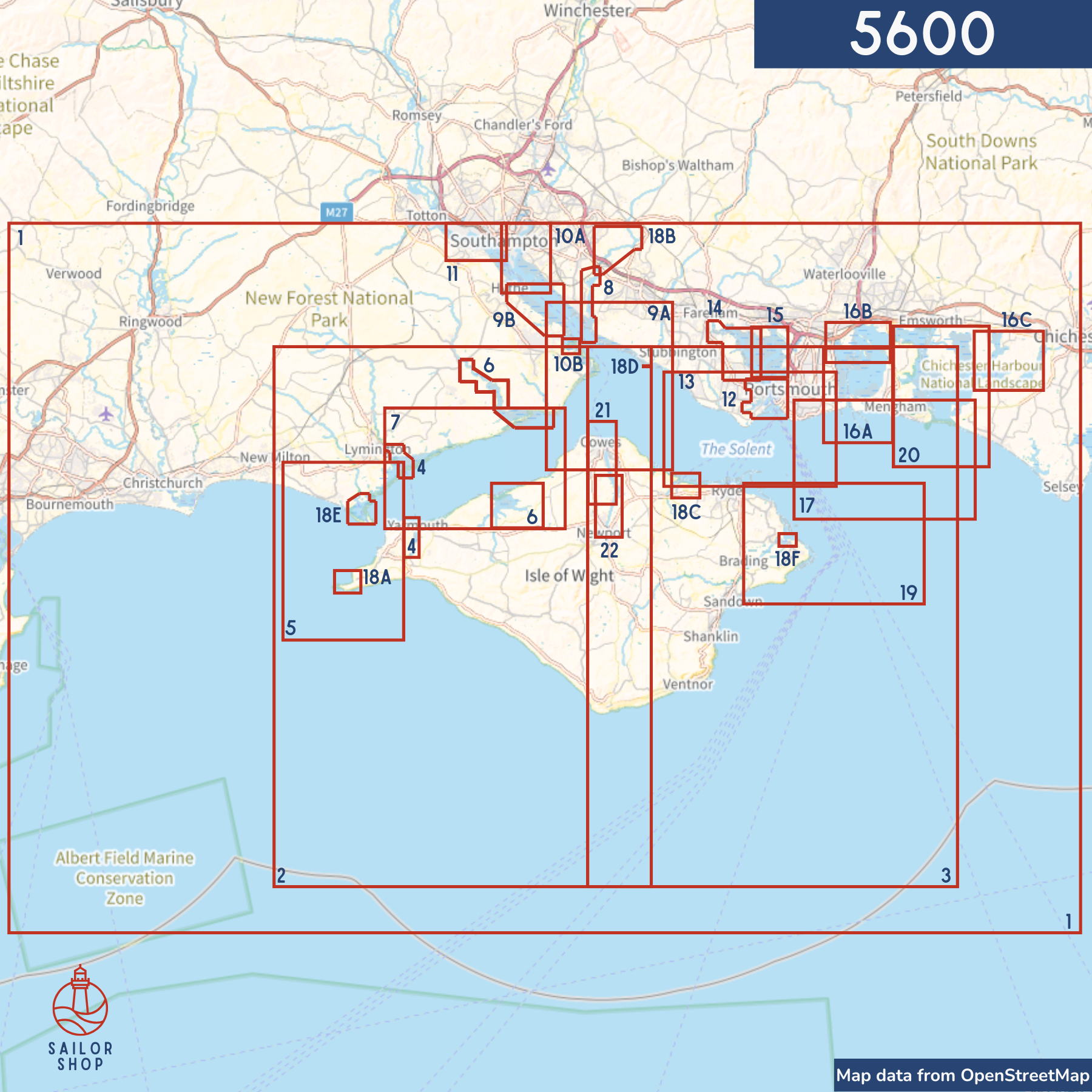 The Admiralty Small Craft Charts 5600: Full Folio shows the Solent and Approaches, highlighting parts of the Isle of Wight and New Forest National Park. Red gridlines with numbers boost navigation. Map data is credited to OpenStreetMap and Admiralty.