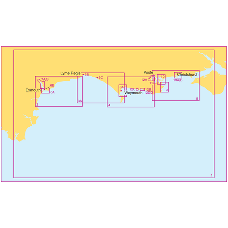 The Admiralty Small Craft Charts - 5601 - East Devon and Dorset, by Admiralty, provide a detailed map focused on the southern coast of England, specifically covering Exmouth, Lyme Regis, Weymouth, Poole, and Christchurch. Various boxes and lines in pink, red, and orange outline specific sections along the coastline—ideal for maritime experts in coastal navigation.