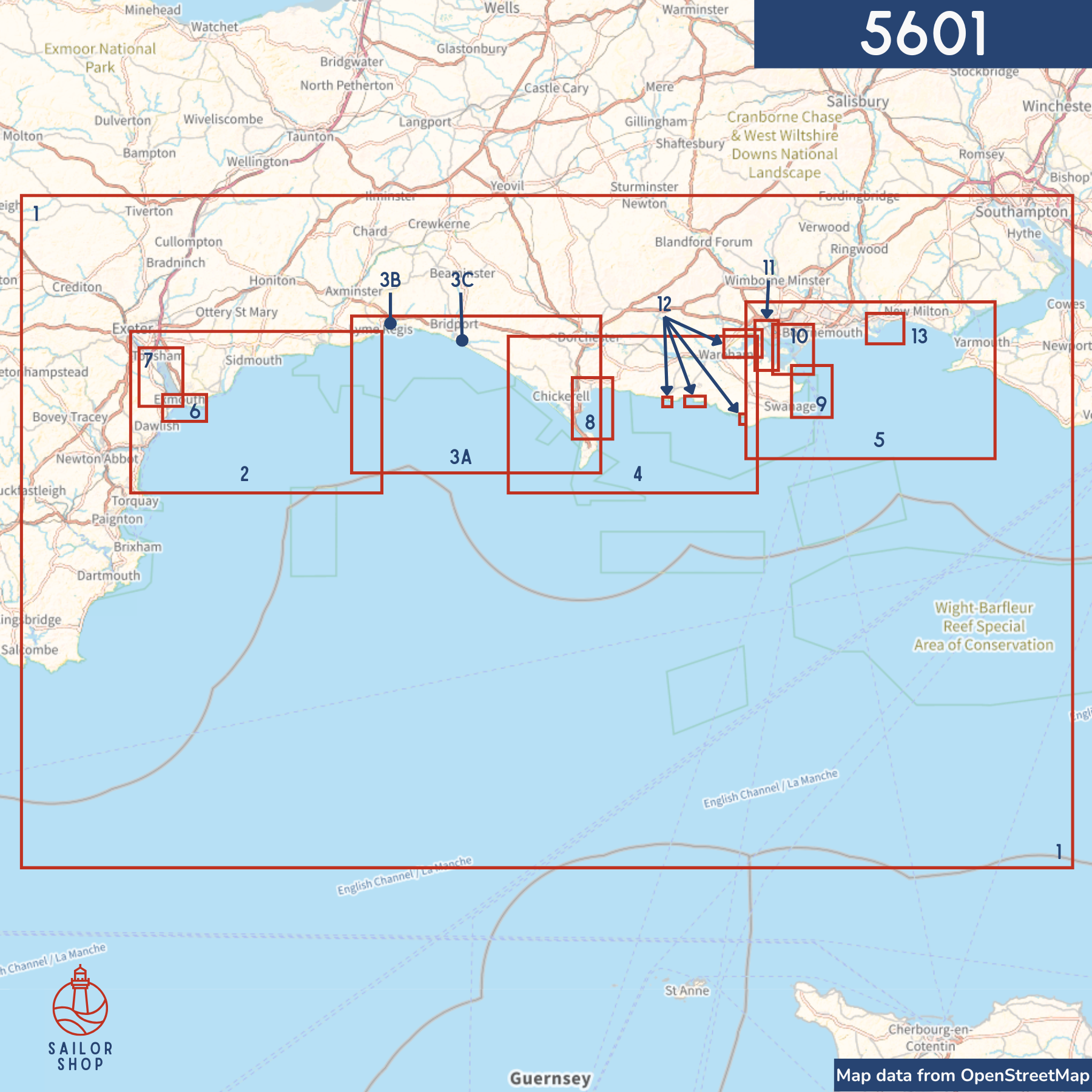 The Admiralty Small Craft Charts 5601: Full Folio provides detailed navigation from Weymouth to Littlehampton along the East Devon and Dorset Coasts, featuring marked lines, zones, and inset boxes for coastal regions with map data from OpenStreetMap and Admiralty Small Craft Charts.