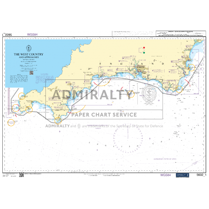 The Admiralty Small Craft Chart 5602, titled "Falmouth to Teignmouth," showcases the coastal areas of southwest England with marine navigation details such as depth contours, landmarks, buoys, and coastal features spanning from Lizard Point to Portland. This Admiralty chart includes essential latitude and longitude markings for accurate coastal navigation.