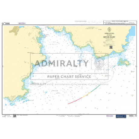 The Admiralty Small Craft Chart 5602, covering the area from Falmouth to Teignmouth, provides a detailed nautical chart of the River Dart approaches. It highlights depths, navigation aids, and coastal features using standardized navigational symbols and color codes for precise coastal navigation. The surrounding land areas are marked in light yellow.