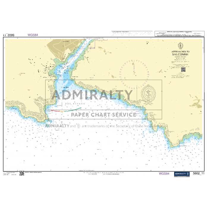 The Admiralty Small Craft Chart 5602_11: Approaches to Salcombe, created by the brand Admiralty, depicts the coastline and maritime features around Salcombe with detailed information on water depths, navigational aids, and coastal outlines. This chart is meticulously produced by the UK Hydrographic Office for precise maritime navigation.