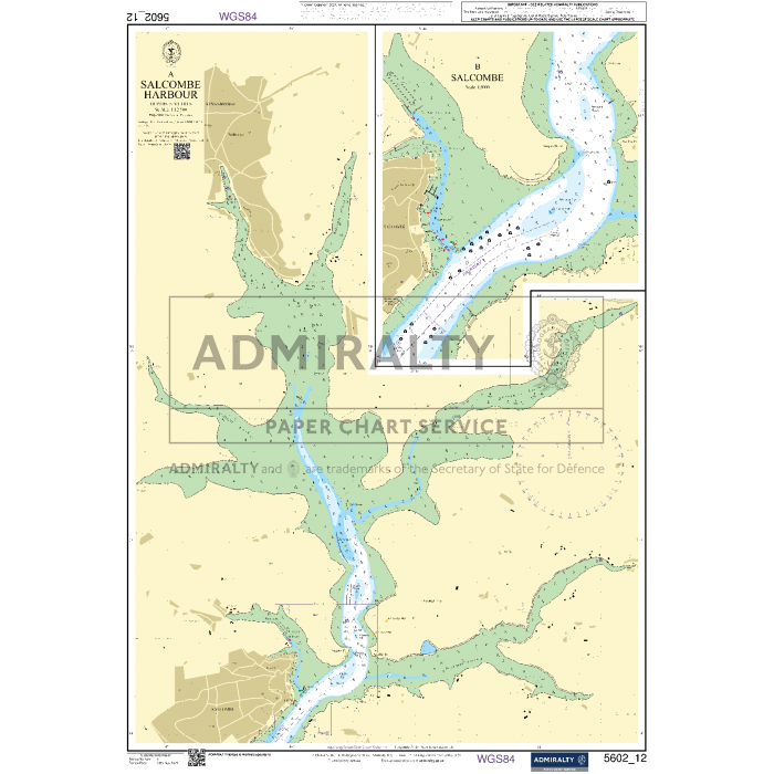 The Admiralty Small Craft Chart 5602, covering Falmouth to Teignmouth, provides a detailed depiction of Salcombe Harbour in South West England. It features essential nautical details such as water depths, buoys, and navigational aids critical for coastal navigation. The chart includes insets that offer close-up views of Salcombe and Kingsbridge, with land areas shaded in light brown and green for easy identification.