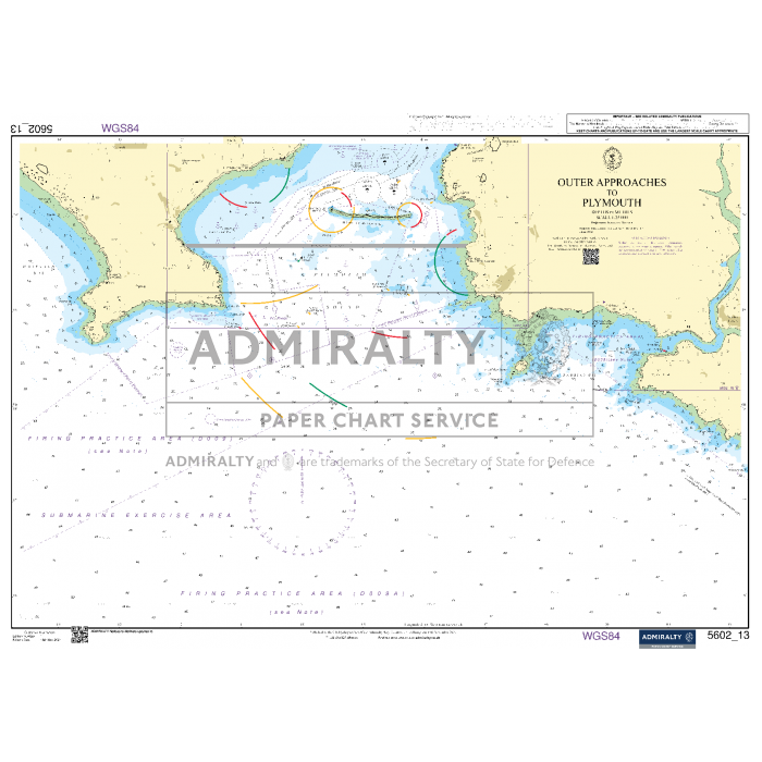 The Admiralty Small Craft Chart titled "Outer Approaches to Plymouth" covers the coastal waters and features around Plymouth, including depth contours, navigational symbols, and highlighted shipping lanes. This essential chart for coastal navigation is branded under Admiralty and includes a note from the Secretary of State for Defence.