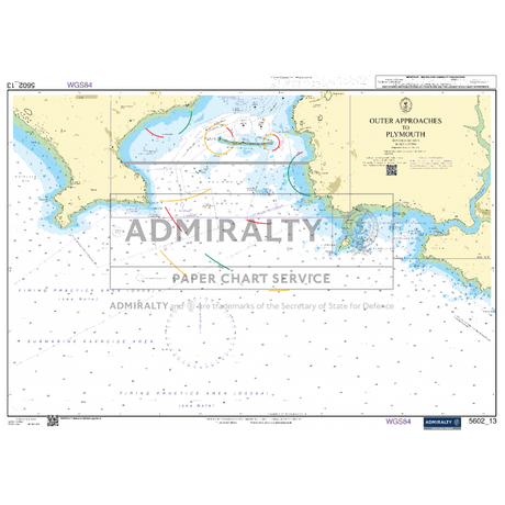 The Admiralty Small Craft Chart 5602_13: Outer Approaches to Plymouth presents detailed bathymetric data, navigation aids, and landmarks for the outer approaches to Plymouth. Created by Admiralty, it incorporates essential labels, symbols, and depth measurements crucial for maritime navigation.