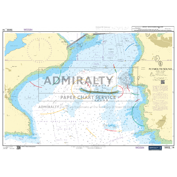 The Admiralty Small Craft Charts - 5602 (Falmouth to Teignmouth) in the United Kingdom detail coastal and underwater features, navigational hazards, depths, and landmarks. This Admiralty chart also includes a compass rose, tidal information, and colored markings for navigation routes essential for coastal navigation.