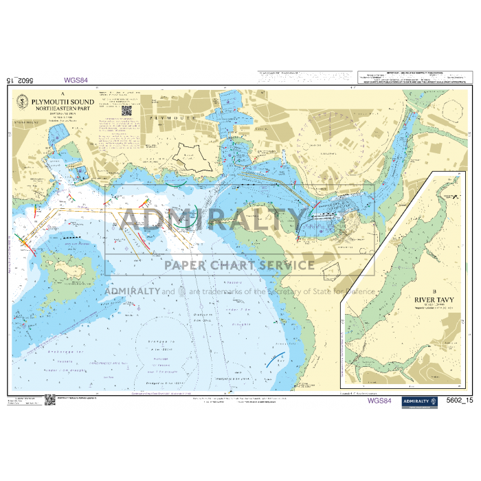 The Admiralty Small Craft Charts - 5602 - Falmouth to Teignmouth, by Admiralty, provide a detailed nautical chart of Plymouth Sound and its approaches. The chart includes depths, navigation aids, and hazards marked in blue and yellow. Insets offer detailed views of Plymouth Sound and the River Tavy. Titled "Admiralty Paper Chart Service," it features various maritime annotations and symbols, making it perfect for coastal navigation.