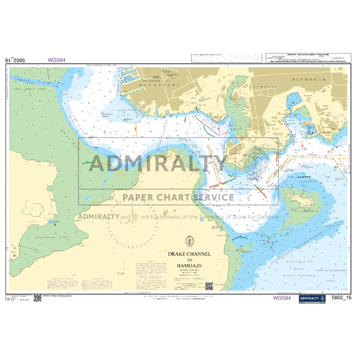 A nautical chart depicting the area from Falmouth to Teignmouth, ideal for coastal navigation. It shows coastal details, marine routes, depth contours, and landmarks near Plymouth harbor. Titled "Admiralty Small Craft Charts - 5602," it’s perfect for those relying on ADMIRALTY charts.