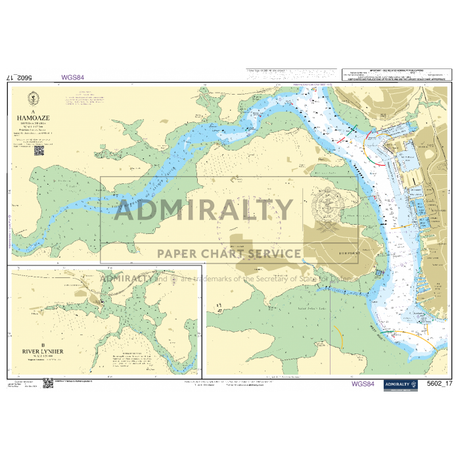 The Admiralty Small Craft Charts - 5602, part of the Admiralty brand, are ideal for coastal navigation from Falmouth to Teignmouth. This nautical chart provides a detailed map of the coastal area, including rivers, islands, depth markings, navigational aids, and shipping routes. Insets of the Hamoaze and River Lynher areas are located in the lower left corner.