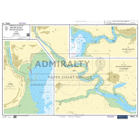 The Admiralty Small Craft Charts - 5602 - Falmouth to Teignmouth is a detailed nautical chart featuring maps of waterways, surrounding land areas, and navigation aids. This ADMIRALTY chart is perfect for coastal navigation with highlights that include labeled river paths, depth contours, landmarks, and areas designated for specific maritime activities.