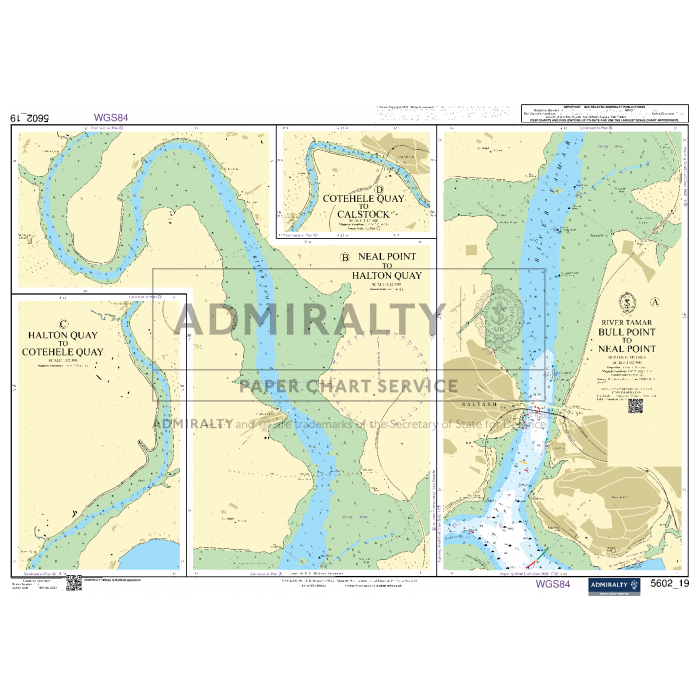 The Admiralty Small Craft Charts - 5602 - Falmouth to Teignmouth feature detailed maps of Halton Quay, Cotehele Quay, Neal Point, Bull Point, and river navigation. This ADMIRALTY chart includes depth markers, navigational aids, and key landmarks for coastal navigation. The admiralty seal and watermark are centrally placed.