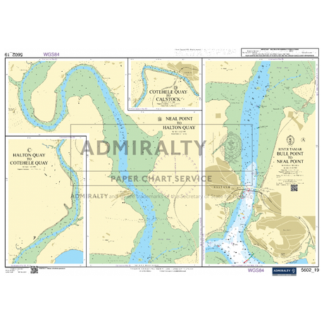 The Admiralty Small Craft Chart 5602_19: River Tamar - Bull Point to Neal Point, from the UK Hydrographic Office, details Halton Quay, Cotehele Quay, Neal Point, Bull Point, and Calstock. This chart features navigation aids, navigational routes, water depth markings with geographic coordinates and a scale reference similar to an Admiralty chart.