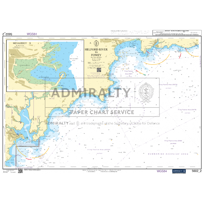 A nautical chart titled "Admiralty Small Craft Charts - 5602 - Falmouth to Teignmouth" by Admiralty, showcasing the coastal areas of Helford River and Fowey in Cornwall, UK. The chart includes details such as depths, navigational aids, and notable landmarks. Insets provide detailed sections for coastal navigation in Helford River and Fowey harbor areas. This product is labeled under WGS84 ADMIRALTY charts.