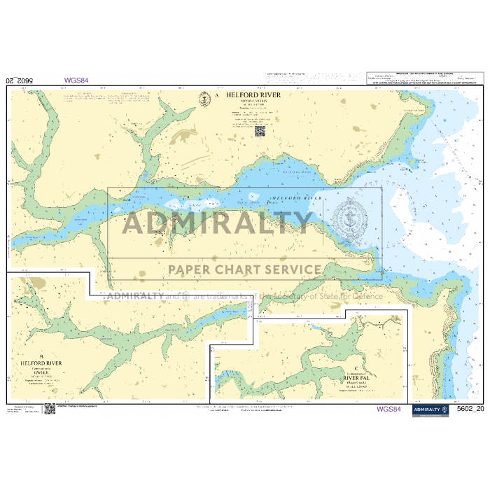 Admiralty Small Craft Chart 5602 - Falmouth to Teignmouth features water depths, shorelines, navigational hazards, and landmarks around Helford River. Labelled areas include creeks and inlets. The chart is overlaid with text reading "ADMIRALTY Paper Chart Service" along with additional technical details for ADMIRALTY charts and coastal navigation.