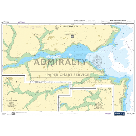 Admiralty Small Craft Chart 5602 - Falmouth to Teignmouth features water depths, shorelines, navigational hazards, and landmarks around Helford River. Labelled areas include creeks and inlets. The chart is overlaid with text reading "ADMIRALTY Paper Chart Service" along with additional technical details for ADMIRALTY charts and coastal navigation.