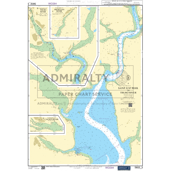 The Admiralty Small Craft Charts - 5602 - Falmouth to Teignmouth, ideal for coastal navigation, show water depths, navigational aids, and landmarks specifically around Saint Just Pool and Truro River. Insets provide detailed navigational information around the main chart with marked routes, shallow areas, and surrounding land features. It is titled "Saint Just Pool and Truro River" under Admiralty charts.