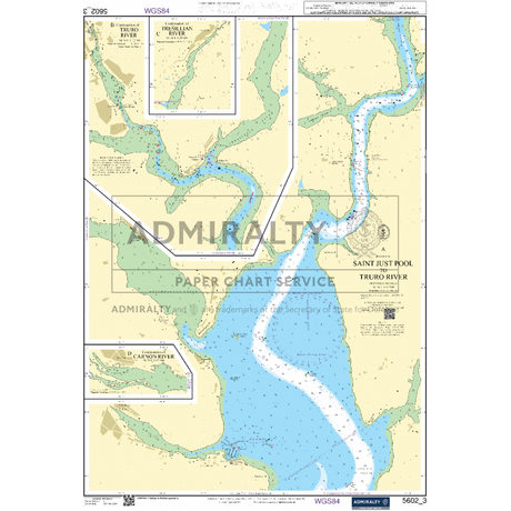 A chart titled "Admiralty Small Craft Chart 5602_3: River Fal, Saint Just Pool to Truro River" illustrates waterways, depths, and coastal features for maritime navigation. It includes insets of specific areas with navigational details and markings on an ivory background, published by the UK Hydrographic Office for use in small craft navigation.