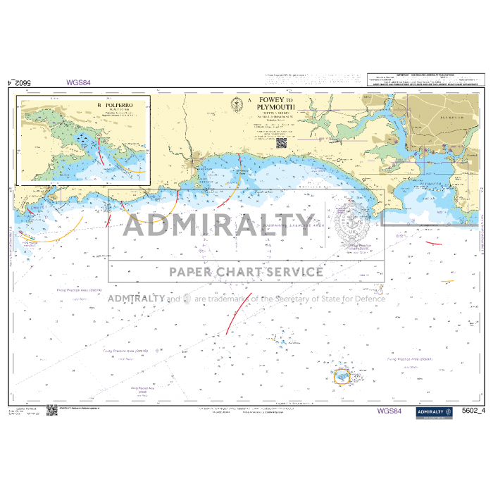 The detailed nautical chart labeled "Admiralty Small Craft Charts - 5602 - Falmouth to Teignmouth" from Admiralty shows the coastline, water depths, and navigation aids for the area between Falmouth and Teignmouth. Ideal for coastal navigation, it includes various symbols and annotations indicating underwater features, shipping routes, and hazards.