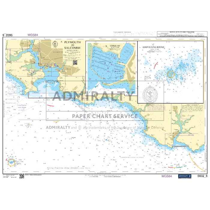 The "Admiralty Small Craft Charts - 5602 - Falmouth to Teignmouth" presents a detailed nautical chart showcasing coastal waters with comprehensive navigation information, including depths, hazards, and landmarks. Insets provide intricate maps of Torquay and Eddystone Rocks. Various symbols indicate navigational aids and areas typical of ADMIRALTY charts for expert coastal navigation.