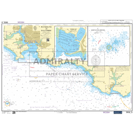 The "Admiralty Small Craft Charts - 5602 - Falmouth to Teignmouth" presents a detailed nautical chart showcasing coastal waters with comprehensive navigation information, including depths, hazards, and landmarks. Insets provide intricate maps of Torquay and Eddystone Rocks. Various symbols indicate navigational aids and areas typical of ADMIRALTY charts for expert coastal navigation.