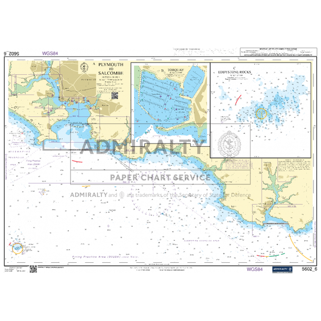 The Admiralty Small Craft Chart 5602_6: Plymouth to Salcombe, carrying the Admiralty brand and approved by the Maritime and Coastguard Agency, illustrates the region between Plymouth and Salcombe. It includes detailed insets of Torquay and Eddystone Rocks, showcasing maritime navigation details and depth measurements that meet UK Hydrographic Office standards.