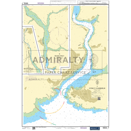 The Admiralty Small Craft Charts - 5602 - Falmouth to Teignmouth displays the River Fowey and Fowey Harbour area, highlighting water depths, navigation aids, hazards, and nearby land features. It includes two detailed insets of specific regions. Perfect for coastal navigation, this essential chart from Admiralty is a must-have for mariners.