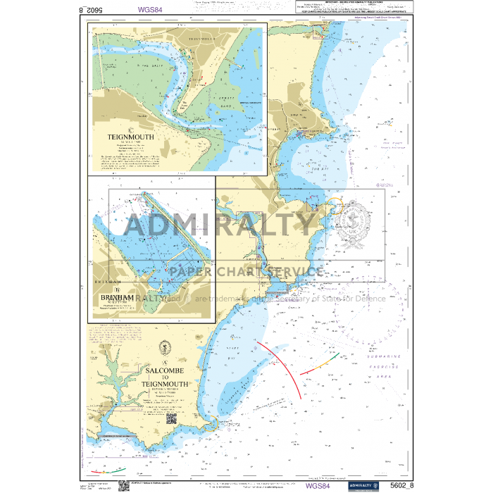 A detailed nautical chart from Admiralty titled "Admiralty Small Craft Charts - 5602 - Falmouth to Teignmouth," showcasing the coastal and marine areas of Teignmouth, Devon, with insets of Dawlish and Salcombe. The chart displays depths, navigation marks, and coastal features for safe use in marine navigation.
