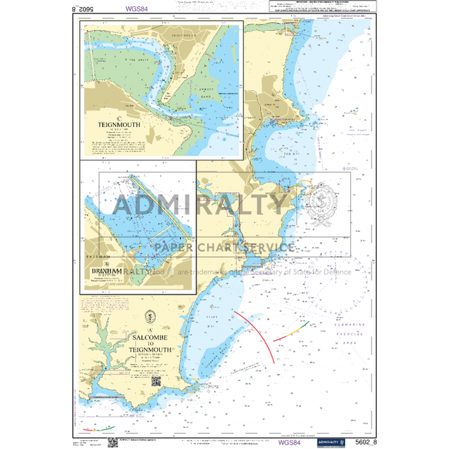 The Admiralty Small Craft Chart 5602_8, covering the area from Salcombe to Teignmouth, provides detailed information on sea depths, navigation routes, and landmarks along the coast. Inset maps enhance precision in navigation with standards set by Admiralty Small Craft Charts. The chart is marked with the Admiralty service logo to ensure reliable navigation aids.