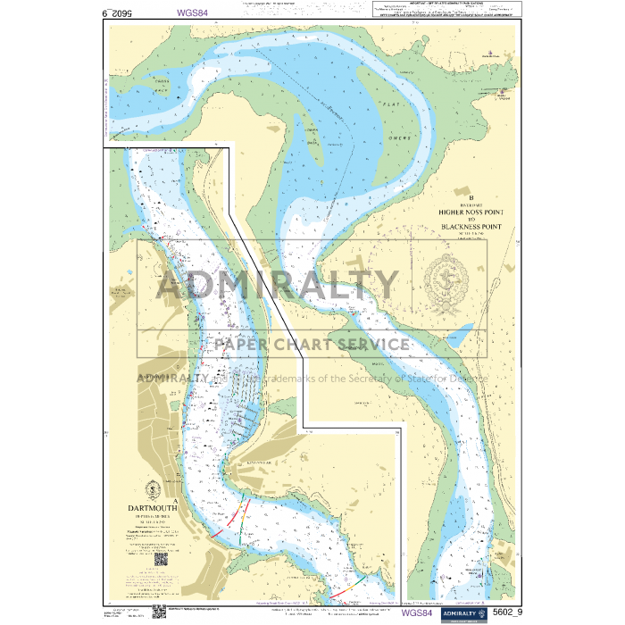 A nautical chart titled "Admiralty Small Craft Charts - 5602 - Falmouth to Teignmouth" by Admiralty, detailing the River Dart and surrounding areas. It features the river's depth, coastal features, navigational aids, and nearby land with geographic coordinates. Ideal for coastal navigation, it includes landmarks such as "Horns Cross Point" and "Blackness Point.