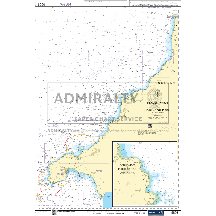 A nautical chart titled "Admiralty Small Craft Charts - 5603 - Falmouth to Hartland Point" for coastal navigation, detailing the coastal waters. The chart includes various navigational markers, depth contours, and insets of Lizard Point to Hartland Point as well as Portland to Portsmouth. Circled areas highlight specific regions, ideal for maritime experts.