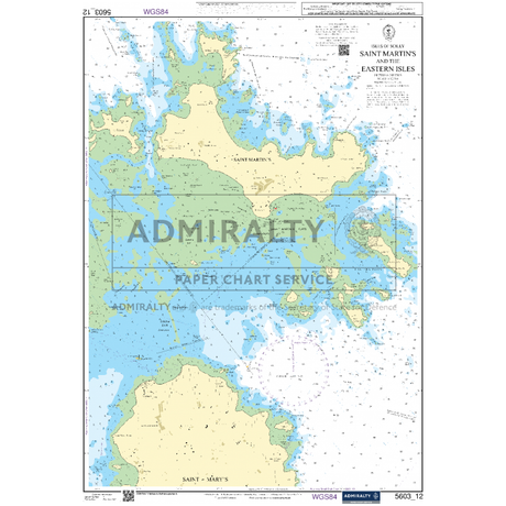 The product "Admiralty Small Craft Charts - 5603 - Falmouth to Hartland Point" from Admiralty offers a detailed nautical chart covering the Isles of Scilly, including Saint Martin's and the Eastern Isles. It provides crucial information on water depths, navigational aids, and coastal features, making it a reliable tool for coastal navigation. The chart also features the Admiralty Paper Chart Service watermark for authenticity.