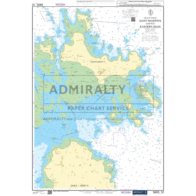 The Admiralty Small Craft Chart 5603_12: Isles of Scilly - Saint Martin's and the Eastern Isles is an excellent tool for maritime navigation. This chart provides detailed terrain information, water depths, and navigational markers. It features the "ADMIRALTY Paper Chart Service" by the UK Hydrographic Office, with a scale bar located in the bottom right corner.