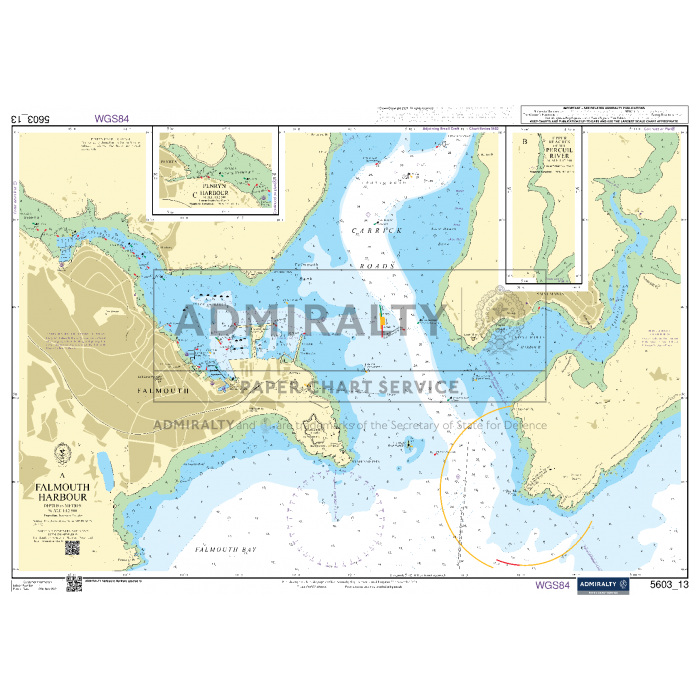 The Admiralty Small Craft Charts - 5603 - Falmouth to Hartland Point is meticulously designed for coastal navigation, featuring detailed coastal outlines, depth measurements, navigational aids, and two inset maps for enhanced clarity. The central area is predominantly blue to indicate water depth while land areas are displayed in beige. The admiralty logo is prominently showcased on the chart.