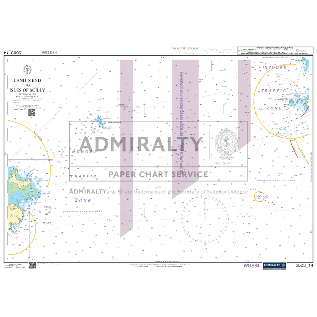 The Admiralty Small Craft Chart 5603_14: Land's End to Isles of Scilly, produced by Admiralty, includes detailed information on shipping zones, sea routes, and navigation. These current charts are vital for ensuring safe travel through these areas.