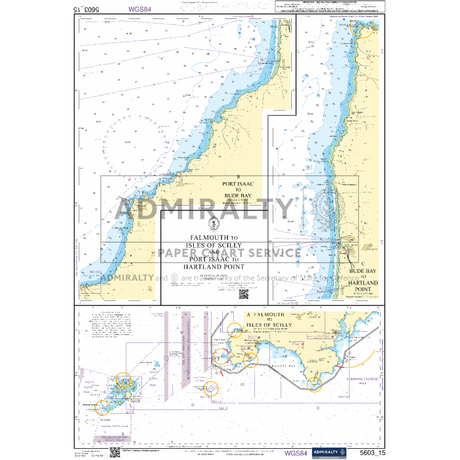 Admiralty Small Craft Charts - 5603 showcases the coastline from Falmouth to Hartland Point, designed specifically for coastal navigation and small craft. Insets feature Hartland Point and other areas, complete with navigational information, water depths, and landmarks. Marked with Admiralty branding and chart number 5603_15.