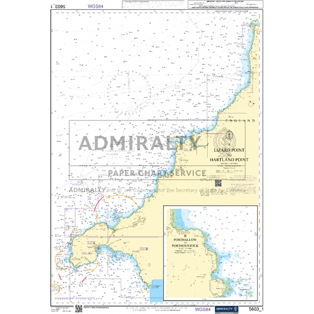 Admiralty's Small Craft Chart 5603_1, covering the English Channel coast from Lizard Point to Hartland Point, provides detailed water depths, coastal features, and essential nautical navigation information. It also includes an inset map of Portsmouth Harbour and the Solent for comprehensive guidance.