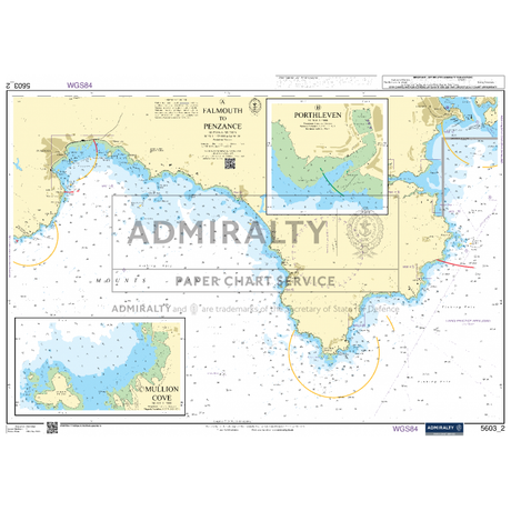 The Admiralty Small Craft Chart 5603_2 by Admiralty provides the latest details of the coastline from Falmouth to Penzance, Cornwall. It includes insets with detailed views of Porthleven and Mullion Cove, clearly marking essential navigation aids and markers for safe passage.