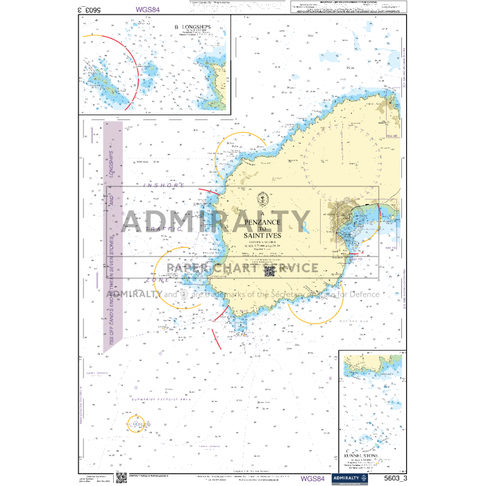 The Admiralty Small Craft Chart - 5603, Falmouth to Hartland Point by Admiralty, depicts the seas around St Ives and is designed for coastal navigation. Ideal for maritime experts, it features navigational markings, depth measurements, and coastal details. The chart includes labels, grids, coordinates, and colored areas indicating different sea depths and hazards.