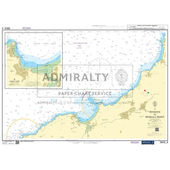 The Admiralty Small Craft Chart 5603 - Falmouth to Hartland Point provides detailed nautical information for the area around Pendeen and Pennance Point. It includes water depths, land topography, coastal features, and maritime landmarks. Ideal for maritime experts in coastal navigation, this chart bears the Admiralty logo and various navigational symbols.