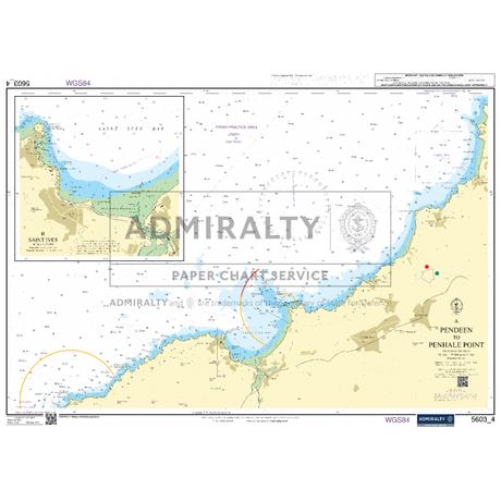 The Admiralty Small Craft Chart 5603 - Falmouth to Hartland Point provides detailed nautical information for the area around Pendeen and Pennance Point. It includes water depths, land topography, coastal features, and maritime landmarks. Ideal for maritime experts in coastal navigation, this chart bears the Admiralty logo and various navigational symbols.