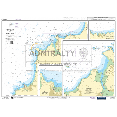 The Admiralty Small Craft Chart 5603 - Falmouth to Hartland Point by Admiralty is an excellent tool for coastal navigation, detailing the waters from Newquay to Padstow in the UK with depth contours, navigational markers, and coastal features. It includes insets that provide close-ups of Padstow and its neighboring areas. The chart prominently features the Admiralty Paper Chart Service logo at the center.