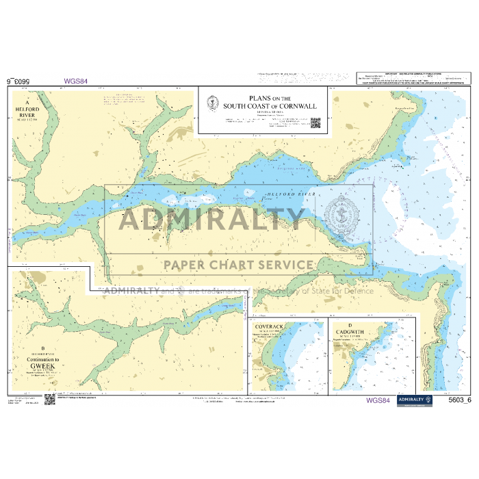 The Admiralty Small Craft Charts - 5603 - Falmouth to Hartland Point by Admiralty displays detailed maps of Helford River, Porthoustock, Gweek, Coverack, and Cadgwith in Cornwall. Ideal for maritime experts and coastal navigation, it features water depths, navigation aids, and land topography with a WGS84 geodetic system reference.