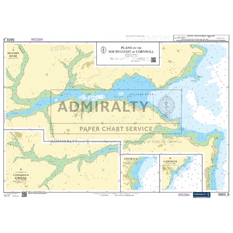 The Admiralty Small Craft Chart 5603_6 by Admiralty provides detailed coverage of the south coast of Cornwall, including insets of Helford River, Fowey River, Gweek Harbour, and Cadgwith. It features current navigation information, water depths, and coastal landmarks.