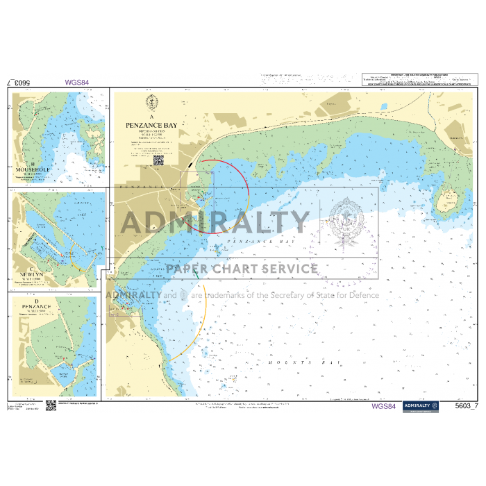 Admiralty Small Craft Chart 5603_7: Penzance Bay offers a detailed overview of the coastal features, depths, and navigational hazards in Penzance Bay and its surroundings. Insets provide detailed views of Mount's Bay, Morrab Road, and Newlyn Harbour. Tidal information from the UK Hydrographic Office enhances navigation for small craft.