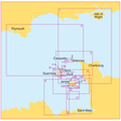 Introducing the Admiralty Small Craft Charts - 5604 - The Channel Islands by Admiralty, a high-precision nautical chart designed for coastal navigation in the English Channel. This chart highlights important locations such as Plymouth, Isle of Wight, Alderney, Cherbourg, Saint-Malo, Guernsey, Jersey, Sark, Herm, and Casquets. It features purple grid lines with alphanumeric divisions to aid maritime experts in precise navigation.