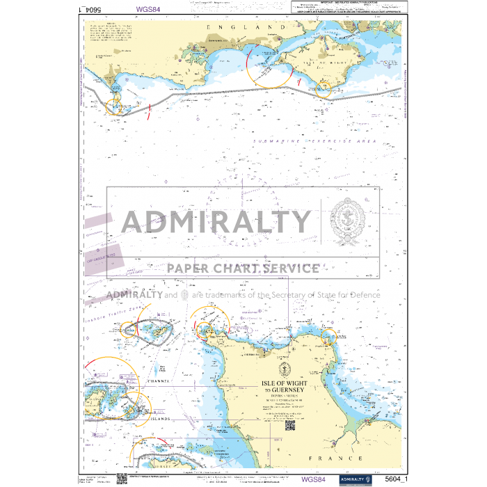 Nautical chart by Admiralty, named "Admiralty Small Craft Charts - 5604 - The Channel Islands," covering areas including southern England's Isle of Wight, Dorset, and parts of northern France. Ideal for coastal navigation, it provides navigational information and marine coordinates. Designed with maritime experts in mind, it features white, blue, and yellow tones.